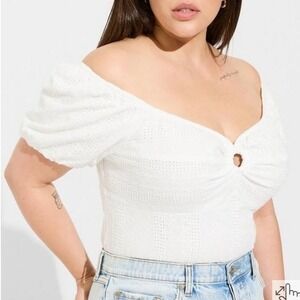 Torrid Womens Top 00 White Eyelet Off Shoulder Puff Sleeve Ring Front Smocked